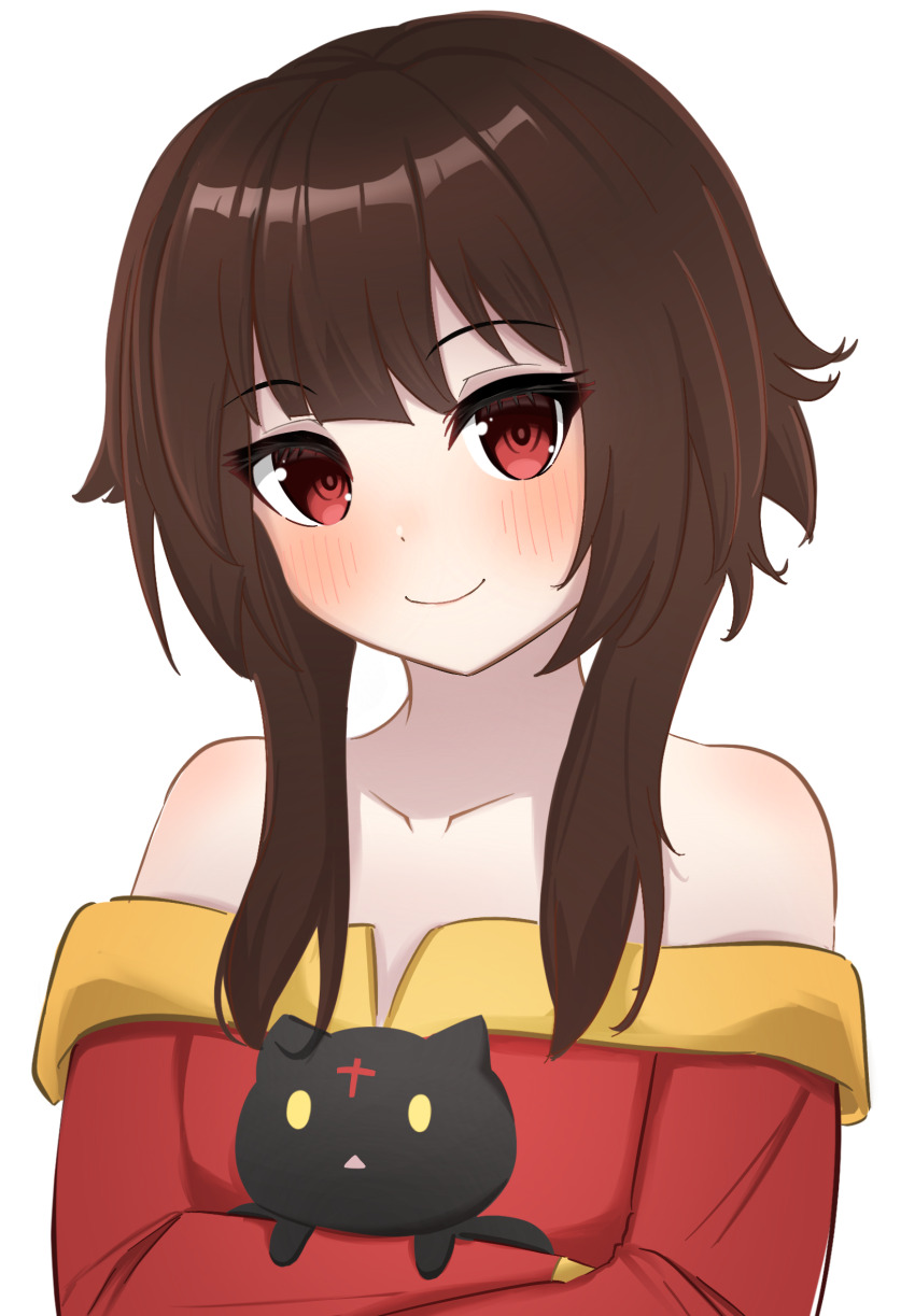 1girl, brown_hair, cat, chomusuke, disfiro03, dress, highres, kono_subarashii_sekai_ni_shukufuku_wo!, looking_at_viewer, megumin, red_dress, red_eyes, short_hair_with_long_locks, simple_background, smile, white_background