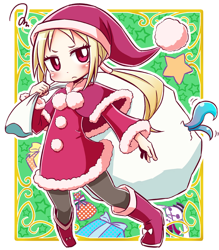 1girl, 7th_dragon_(series), 7th_dragon_2020, blonde_hair, blush, boots, box, capelet