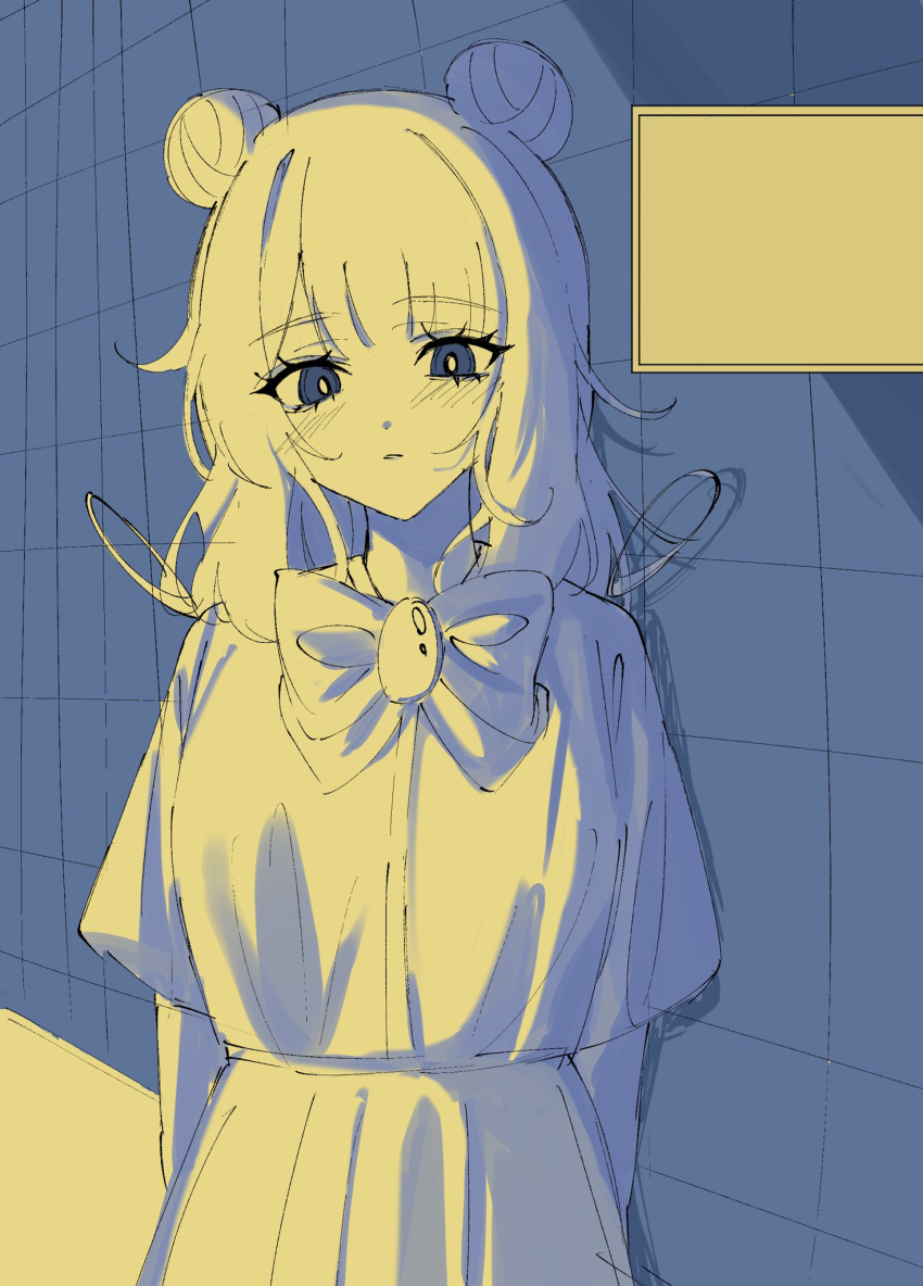 1girl, arms_behind_back, blush, bow, bowtie, brooch, chenes_(famiresu_wo_kyouju_seyo), commentary_request, cowboy_shot, double_bun, famiresu_wo_kyouju_seyo, hair_bun, highres, jewelry, long_hair, looking_at_viewer, monochrome, parted_lips, shirt_tucked_in, short_sleeves, solo, standing, yellow_theme, youka_(neko-yukarigohan)