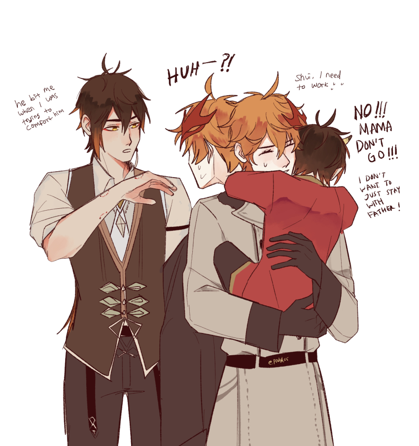 2boys, ahoge, alternate_costume, antenna_hair, bite_marks, child, dragon_horns, english_text