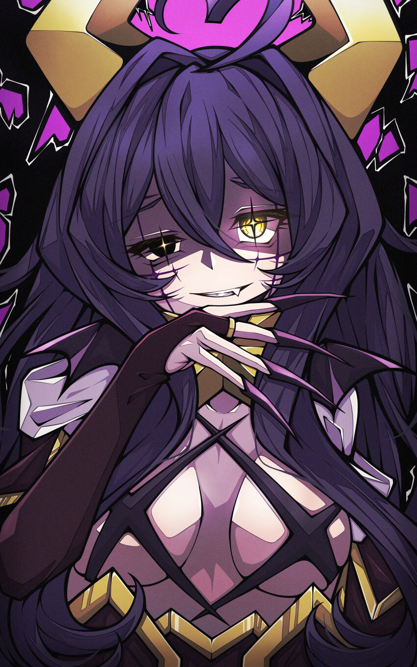 1girl, absurdres, ahoge, breastless_clothes, breasts, corset, cross, cross-shaped_pupils