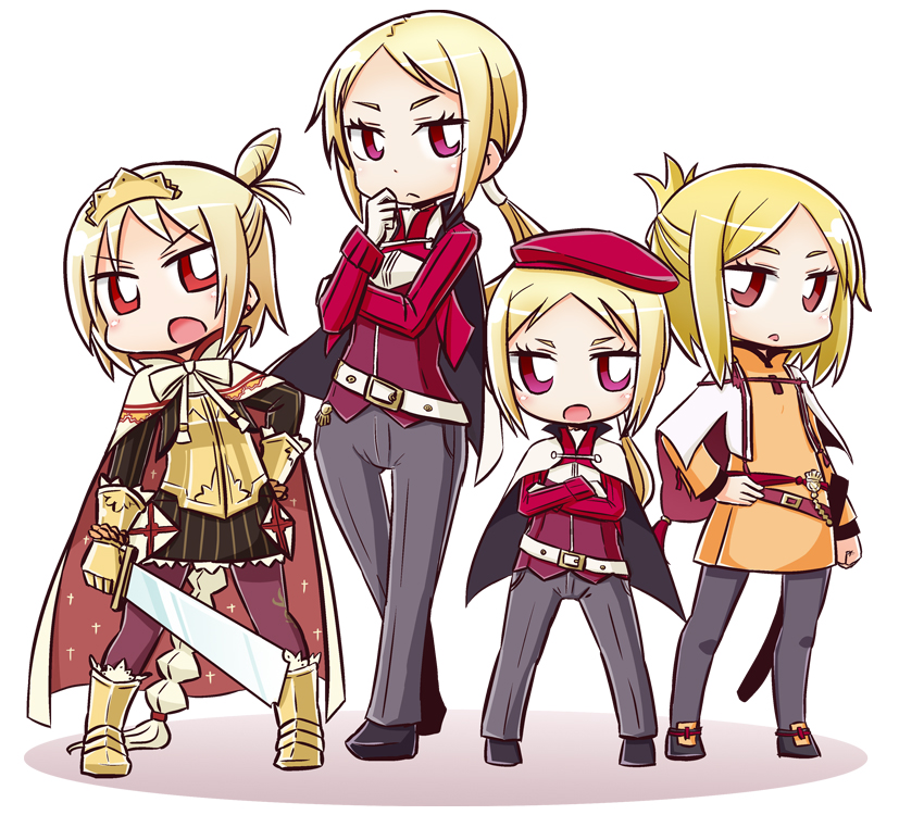 4girls, 7th_dragon_(series), 7th_dragon_2020, armored_boots, beret, black_skirt, blonde_hair, boots