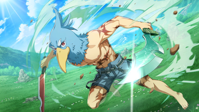 1boy, barefoot, bird_mask, blue_shorts, crossover, highres, hizutome_rakurou, kage_no_jitsuryokusha_ni_naritakute!, knife, mask, meadow, official_art, red_eyes, shangri-la_frontier, shorts, smile, solo, sunlight, sunraku, sunraku_(shangri-la_frontier), wind