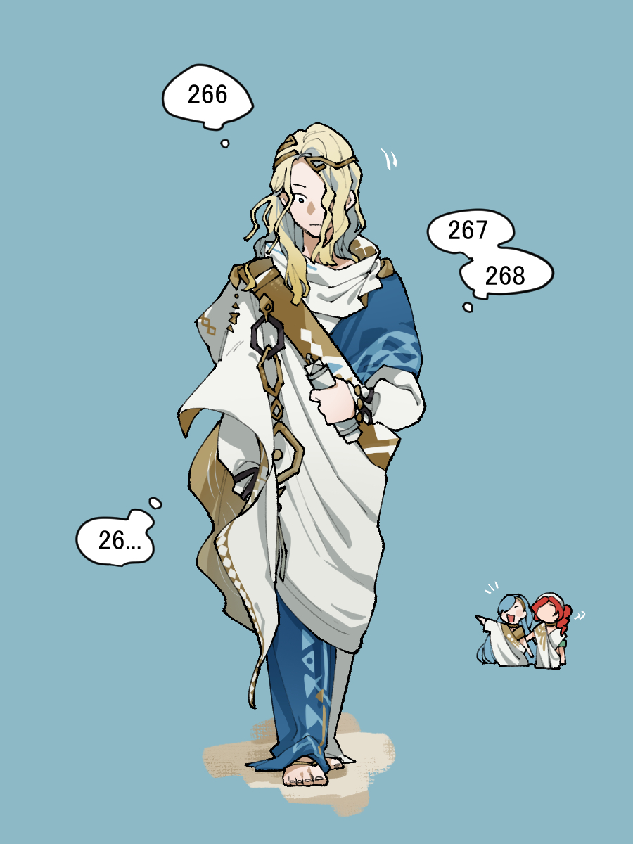 1boy, 2girls, 37_(reverse:1999), 6_(reverse:1999), ancient_greek_clothes, barefoot, blonde_hair, blue_background