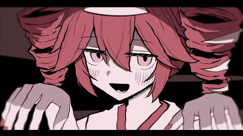 1girl, black_background, blush, bow, drill_hair, hair_between_eyes, hair_bow, hands_up