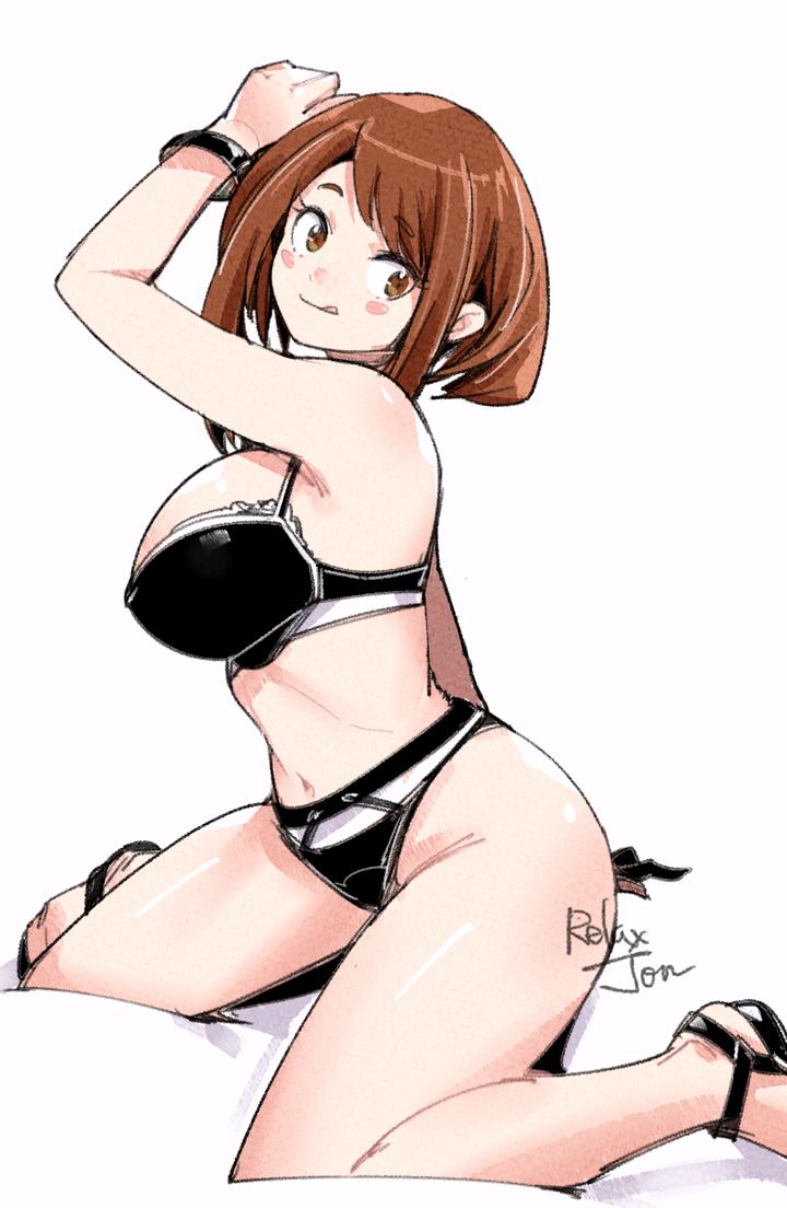 1girl, bare_shoulders, belly, boku_no_hero_academia, bra, bracelet, breasts, brown_eyes