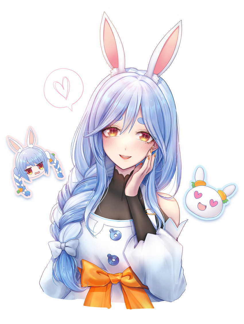 2girls, absurdres, animal_ears, blue_hair, bow, braid, braided_ponytail, carrot_hair_ornament