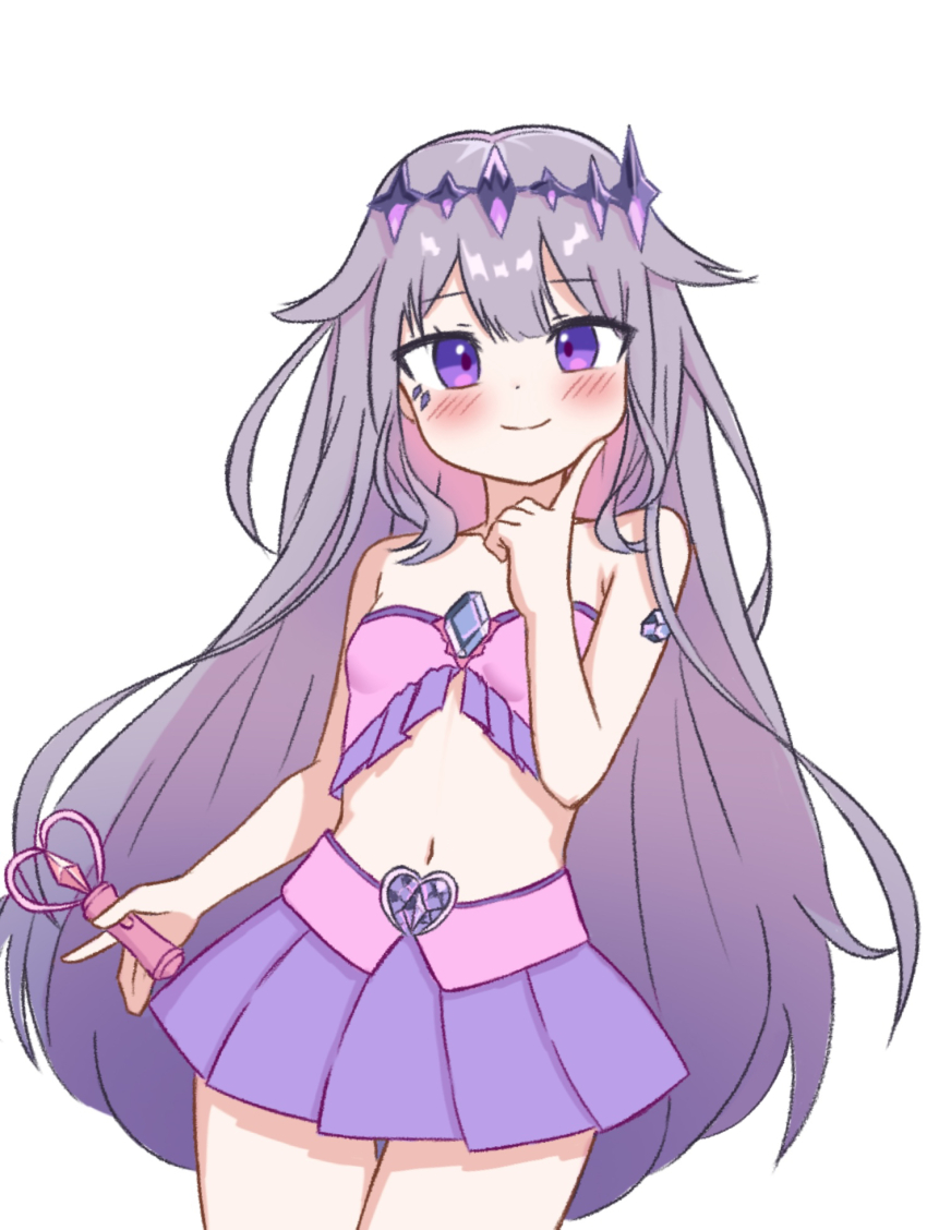 1girl, blush, breasts, chest_jewel, clothing_cutout, colored_inner_hair, crown, finger_to_cheek
