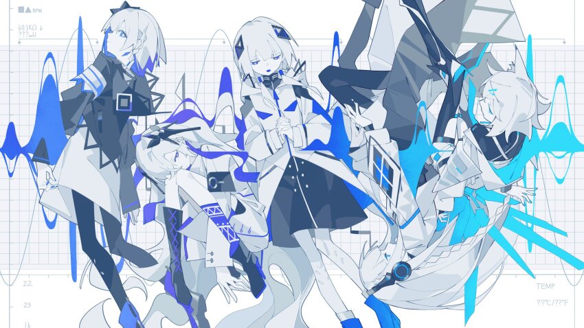 5girls, absurdly_long_hair, animal_ears, asymmetrical_footwear, blue_eyes, blunt_bangs, boots, braid