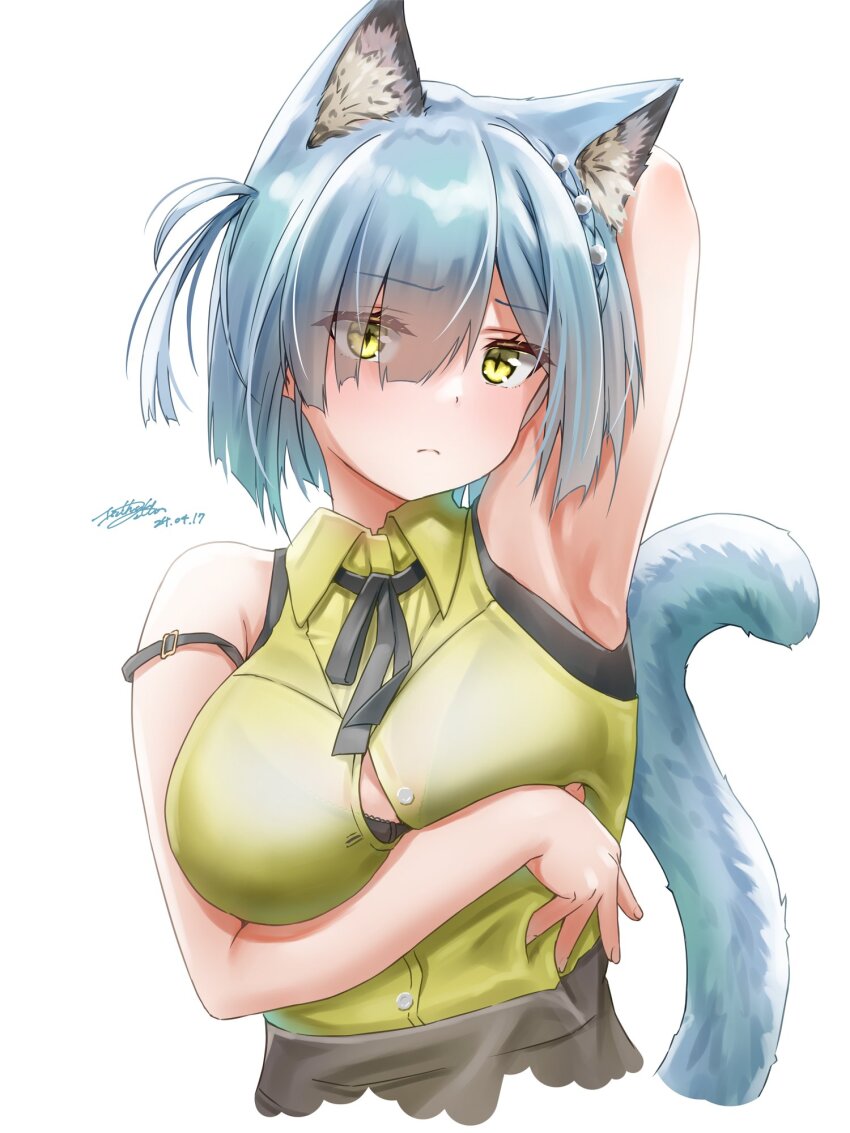 1girl, animal_ear_fluff, arknights, armpits, black_bra, blue_fur, blue_hair, blush