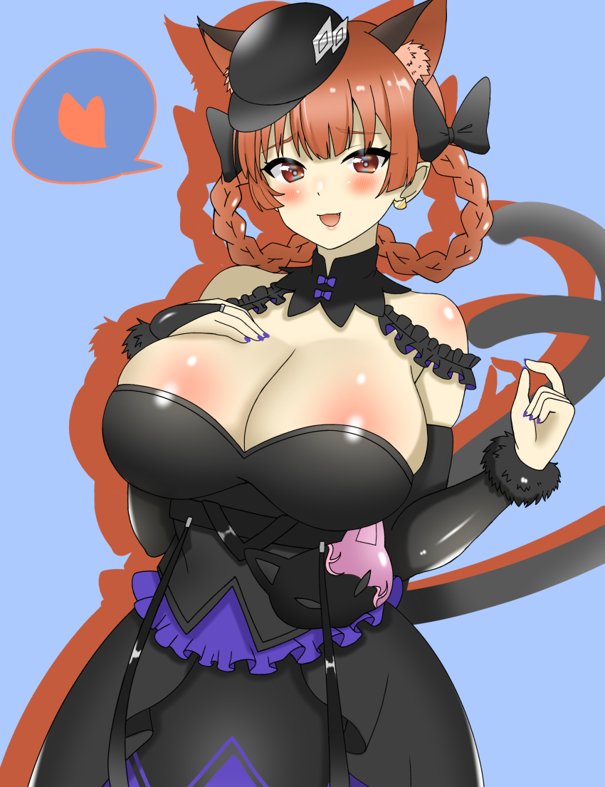 1girl, :d, absurdres, alternate_costume, bare_shoulders, black_dress, black_hat, black_nails, blue_background, blush, braid, breasts, commentary_request, commission, detached_collar, dress, fur_trim, hand_on_own_chest, hat, heart, highres, huge_breasts, kaenbyou_rin, kaenbyou_rin_(pikara_flame), long_sleeves, looking_at_viewer, open_mouth, peaked_cap, red_eyes, red_hair, shirokumall, side_braids, simple_background, skeb_commission, smile, solo, spoken_heart, touhou, touhou_lostword, twin_braids