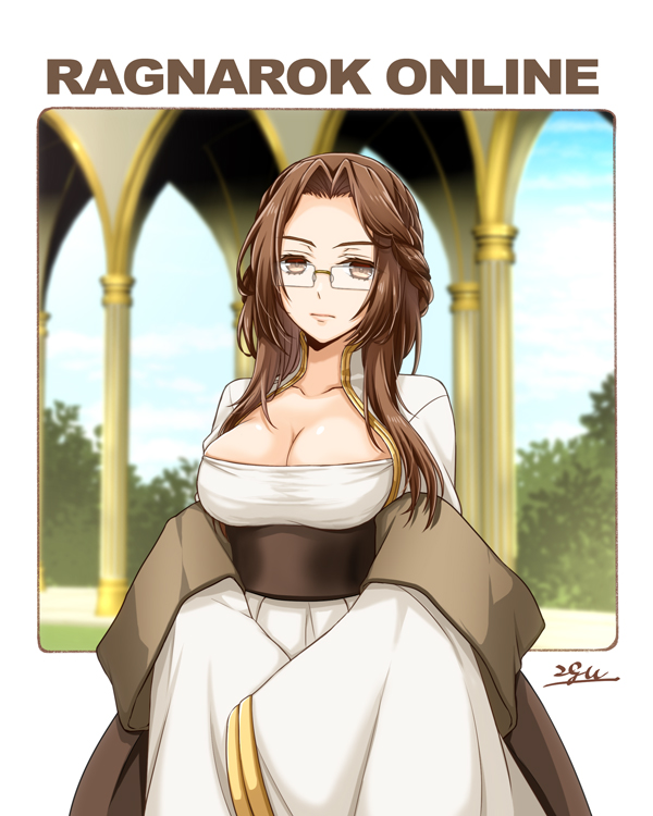 1girl, 20nigu, black_sash, blue_sky, breasts, brown_eyes, brown_hair, cleavage, cleavage_cutout, closed_mouth, clothing_cutout, cloud, column, commentary_request, commission, copyright_name, cowboy_shot, day, dress, expressionless, glasses, large_breasts, long_hair, long_sleeves, looking_at_viewer, mature_female, niren, parted_bangs, pillar, ragnarok_online, rectangular_eyewear, rimless_eyewear, sash, sign, skeb_commission, sky, sleeves_past_fingers, sleeves_past_wrists, solo, white_dress, wide_sleeves