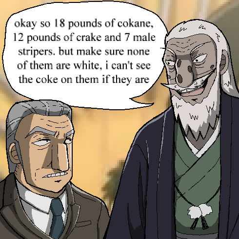 2boys, beard, large_nose, black_jacket, blue_necktie, brown_jacket, bupidoodles, collared_shirt, commentary, english_commentary, english_text, facial_hair, formal_clothes, fukumoto_nobuyuki_(style), green_kimono, grey_hair, happi, hyoudou_kazutaka, jacket, japanese_clothes, tobaku_mokushiroku_kaiji, kimono, looking_at_another, lowres, male_focus, meme, mole, multiple_boys, mustache, necktie, oekaki, official_style, ok_so_18_pounds_of_cokane_(meme), old, old_man, open_mouth, parody, shirt, short_hair, smile, style_parody, suit, tails_gets_trolled, tonegawa_yukio, upper_body, very_short_hair, white_hair, white_shirt