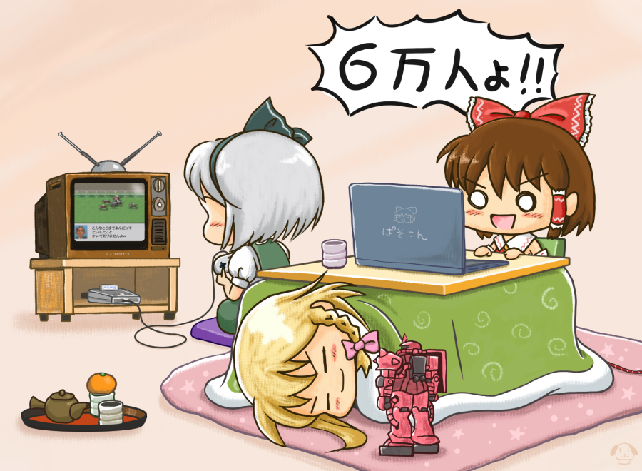 3girls, blonde_hair, bow, brown_hair, chibi, closed_mouth, commentary_request, crt
