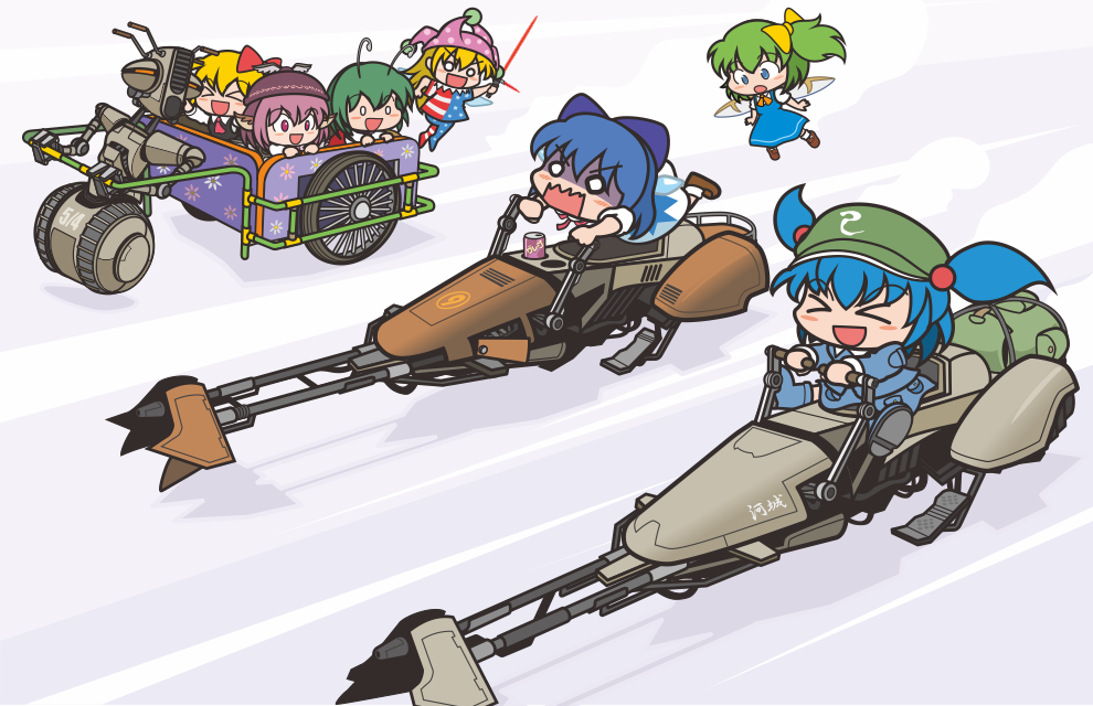 >_<, 6+girls, :d, american_flag_dress, american_flag_legwear, antennae, blonde_hair, blue_dress