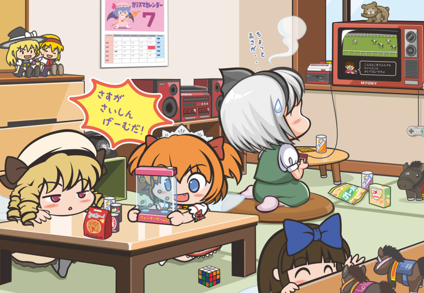 4girls, alice_margatroid, antique_phone, blonde_hair, blue_bow, blue_eyes, blunt_bangs, blush, boombox, bow, brown_hair, calendar_(object), can, canned_coffee, chabudai, character_doll, chibi, chips_(food), closed_mouth, commentary_request, doll, drill_hair, drink_can, fairy_wings, famicom, famicom_controller, fang, food, full_body, game_console, game_controller, ghost, green_skirt, green_vest, grey_hair, half-closed_eyes, jun_sasaura, kirisame_marisa, konpaku_youmu, konpaku_youmu_(ghost), looking_at_another, luna_child, medium_hair, multiple_girls, open_mouth, orange_hair, playing_games, playing_video_games, potato_chips, puffy_short_sleeves, puffy_sleeves, quad_drills, red_eyes, remilia_scarlet, rubik's_cube, shirt, short_hair, short_sleeves, skirt, skirt_set, smile, star_sapphire, stuffed_animal, stuffed_horse, stuffed_toy, sunny_milk, super_horse_racing, sweatdrop, table, touhou, translation_request, vest, waterful_ring-toss, white_shirt, wings
