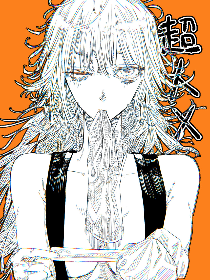 1girl, 50_sn_stannum, bags_under_eyes, bare_shoulders, blonde_hair, breasts, choujin_x, cleavage