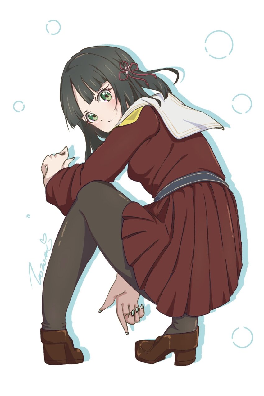 1girl, black_hair, black_pantyhose, blunt_bangs, blunt_ends, brown_serafuku, brown_shirt, brown_shoes