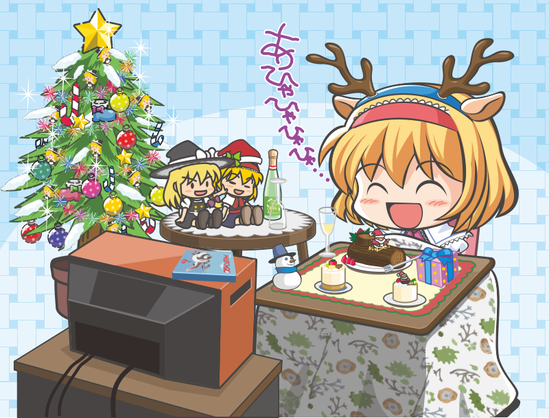 1girl, :d, alice_margatroid, animal_ears, blonde_hair, blue_background, blush, cake