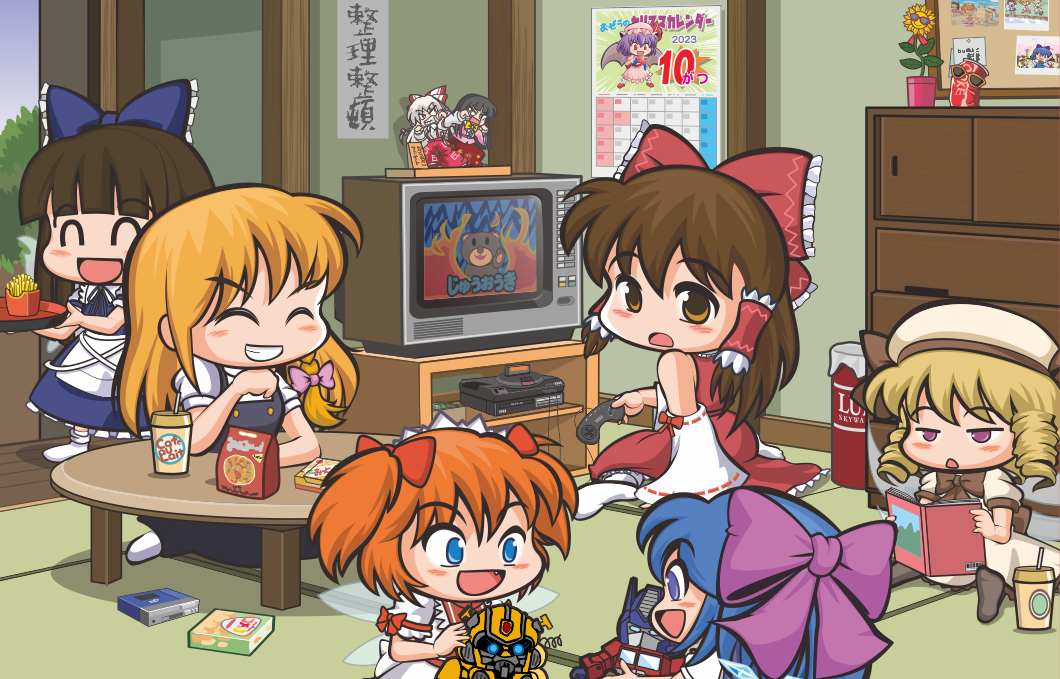 6+girls, :d, ^_^, blonde_hair, blue_bow, blue_eyes, blue_hair, blunt_bangs, bow, bowtie, brown_bow, brown_bowtie, brown_eyes, brown_hair, bumblebee_(transformers), calendar_(object), can, chabudai, character_doll, chestnut_mouth, chibi, cirno, closed_eyes, closed_mouth, controller, crt, detached_sleeves, doll, dress, drill_hair, drink_can, flower, food, french_fries, fujiwara_no_mokou, full_body, game_console, game_controller, glasses, grey-framed_eyewear, grin, hair_between_eyes, hair_bow, hakurei_reimu, hat, hime_cut, holding, holding_controller, holding_game_controller, houraisan_kaguya, ice, ice_wings, indoors, jun_sasaura, kirisame_marisa, long_hair, looking_at_another, luna_child, medium_hair, multiple_girls, missing_headwear, open_mouth, optimus_prime, orange_hair, pink_bow, pink_eyes, playing, purple_bow, quad_drills, reading, red_bow, remilia_scarlet, rubik's_cube, sega_mega_drive, short_hair, sitting, smile, soda_can, star_sapphire, sunflower, sunglasses, sunny_milk, table, tatami, touhou, transformers, tray, two_side_up, white_dress, white_hat, white_sleeves, wings