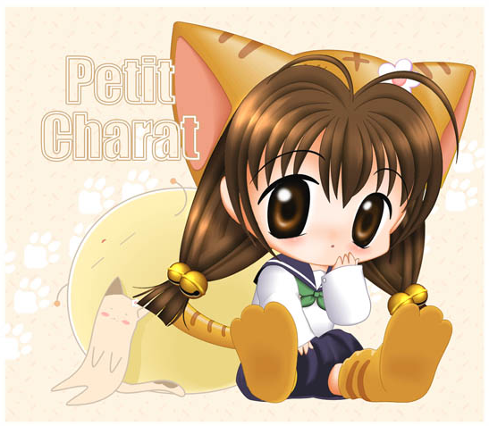 1girl, 2000s_(style), animal_ears, bell, blush, brown_eyes, brown_hair, cat_ears