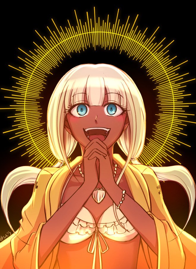 1girl, bikini, blunt_bangs, breasts, danganronpa_(series), danganronpa_v3:_killing_harmony, dark-skinned_female, dark_skin, frills, jacket, jewelry, long_hair, long_sleeves, low_twintails, necklace, open_clothes, open_jacket, open_mouth, own_hands_clasped, own_hands_together, shidou1998, smile, solo, swimsuit, twintails, white_hair, yonaga_angie