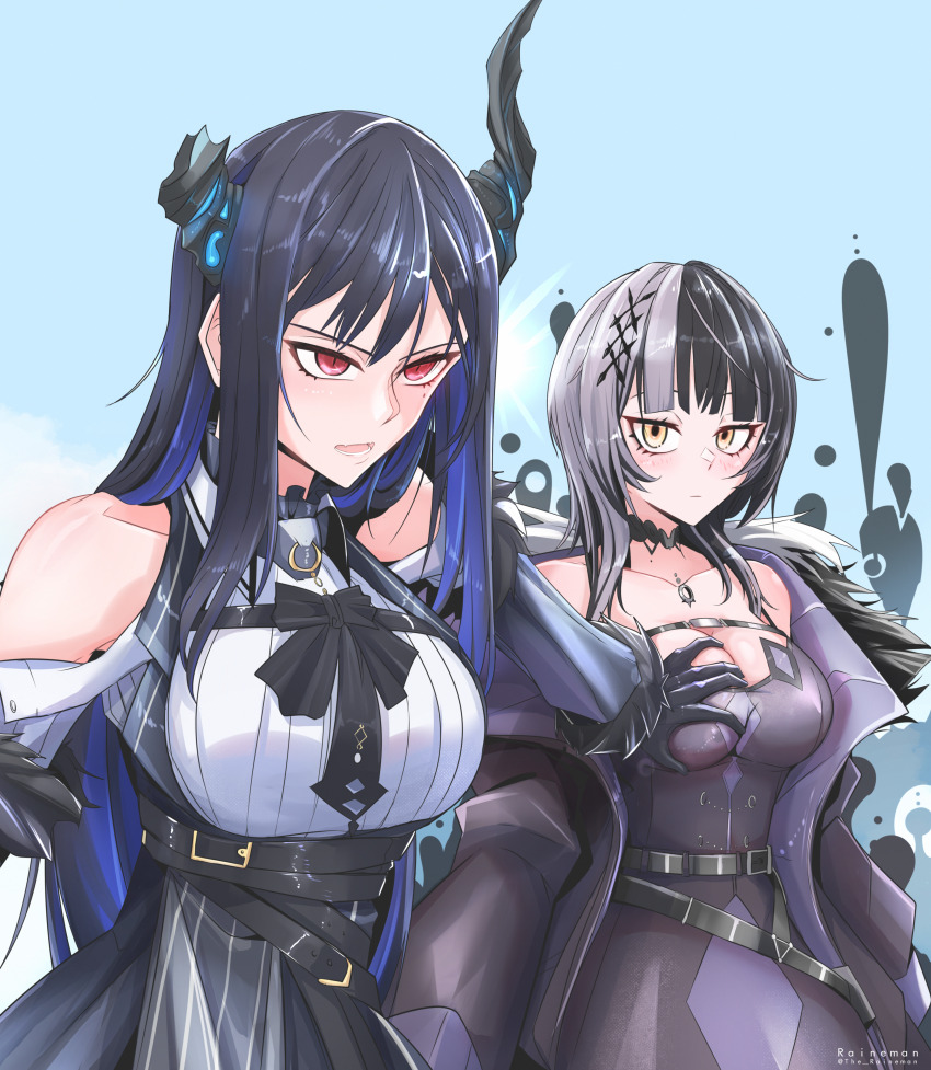 2girls, absurdres, artist_name, asymmetrical_horns, bare_shoulders, belt, black_belt, black_bow