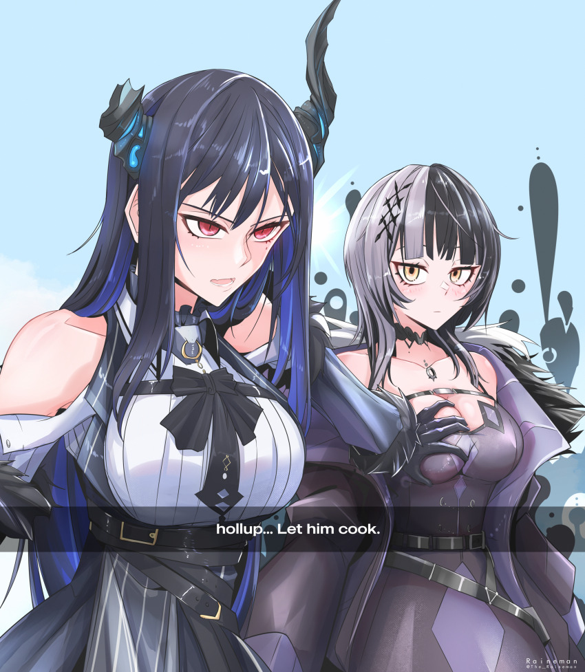 2girls, absurdres, artist_name, asymmetrical_horns, bare_shoulders, belt, black_belt, black_bow