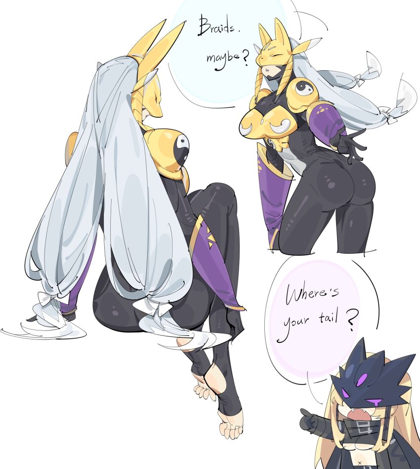 2girls, animal_ears, armor, ass, beelstarmon, black_bodysuit, blonde_hair, bodysuit