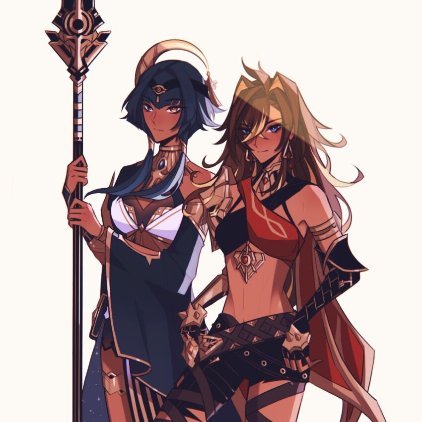 2girls, ancient_egyptian_clothes, ankh, arm_armor, armlet, asymmetrical_clothes, blue_hair, candace_(genshin_impact)