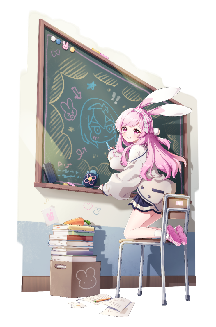 1girl, animal_ears, bare_legs, blue_skirt, blush, book, book_stack, bow