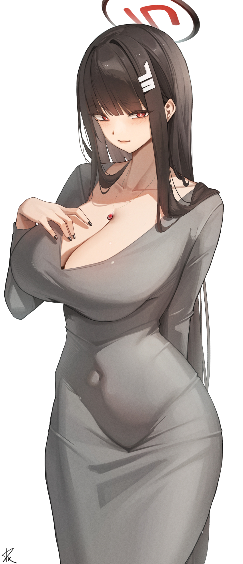 1girl, absurdres, black_hair, blue_archive, breasts, dongtan_dress, dreamtokitty, dress, grey_dress, hair_ornament, hairclip, halo, hand_on_own_chest, highres, jewelry, large_breasts, long_hair, looking_at_viewer, nail_polish, necklace, red_eyes, red_pendant, rio_(blue_archive), simple_background, skin_tight, white_background
