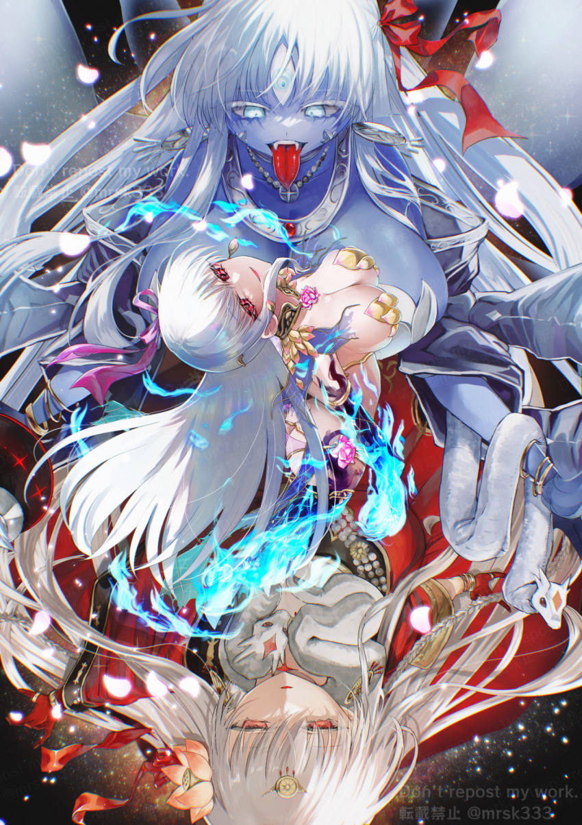 3girls, armlet, armor, asian_indian_clothes, asymmetrical_sleeves, bare_shoulders, bikini_armor, blue_eyes, blue_fire, blue_hair, blue_skin, blush, body_markings, bracelet, breasts, circlet, cleavage, collar, colored_inner_hair, colored_skin, dress, durga_(fate), durga_(second_ascension)_(fate), earrings, extra_arms, fangs, fate/grand_order, fate_(series), fire, flower, gold_trim, gradient_skin, grey_hair, hair_flower, hair_ornament, hair_ribbon, highres, indian_clothes, jewelry, kali_(fate), kama_(adult)_(fate), kama_(assassin)_(third_ascension)_(fate), kama_(fate), kama_(third_ascension)_(fate), large_breasts, long_hair, looking_at_viewer, lotus, metal_collar, multicolored_hair, multiple_girls, murasaki_yuna, neck_ring, necklace, open_mouth, parted_lips, petals, red_dress, red_eyes, red_skin, ribbon, sari, sash, smile, snake, thighlet, third_eye, thumb_ring, tongue, tongue_out, two-tone_hair, very_long_hair, white_hair