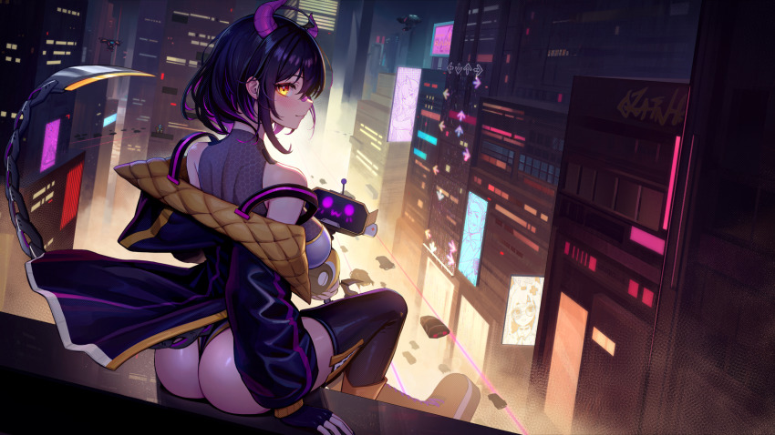 1girl, akuma_nihmune, ass, black_hair, black_thighhighs, breasts, cdawgva, city, clickdraws, colored_inner_hair, demon_horns, fingerless_gloves, gloves, highres, horns, indie_virtual_youtuber, jump_king, jump_king_(character), leotard, looking_at_viewer, mechanical_tail, medium_breasts, multicolored_hair, night, off_shoulder, purple_hair, rainhoe, robot, shirahiko_(vtuber), short_hair, sitting, solo, tail, thighhighs, trash_taste, two-tone_hair, virtual_youtuber, yellow_eyes