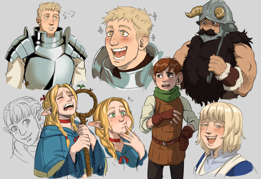 2girls, 3boys, :d, beard, blonde_hair, brother_and_sister, brown_hair, chilchuck_tims, crying, dark-skinned_male, dark_skin, doodle_inset, drooling, dungeon_meshi, dwarf, eating, elf, facial_hair, fake_horns, falin_touden, helmet, highres, horned_helmet, horns, jubilationsart, laios_touden, long_beard, long_hair, marcille_donato, multiple_boys, multiple_girls, muscular, muscular_male, mustache, open_mouth, pointy_ears, senshi_(dungeon_meshi), siblings, smile, sparse_arm_hair, thick_arm_hair, thick_mustache, very_long_beard