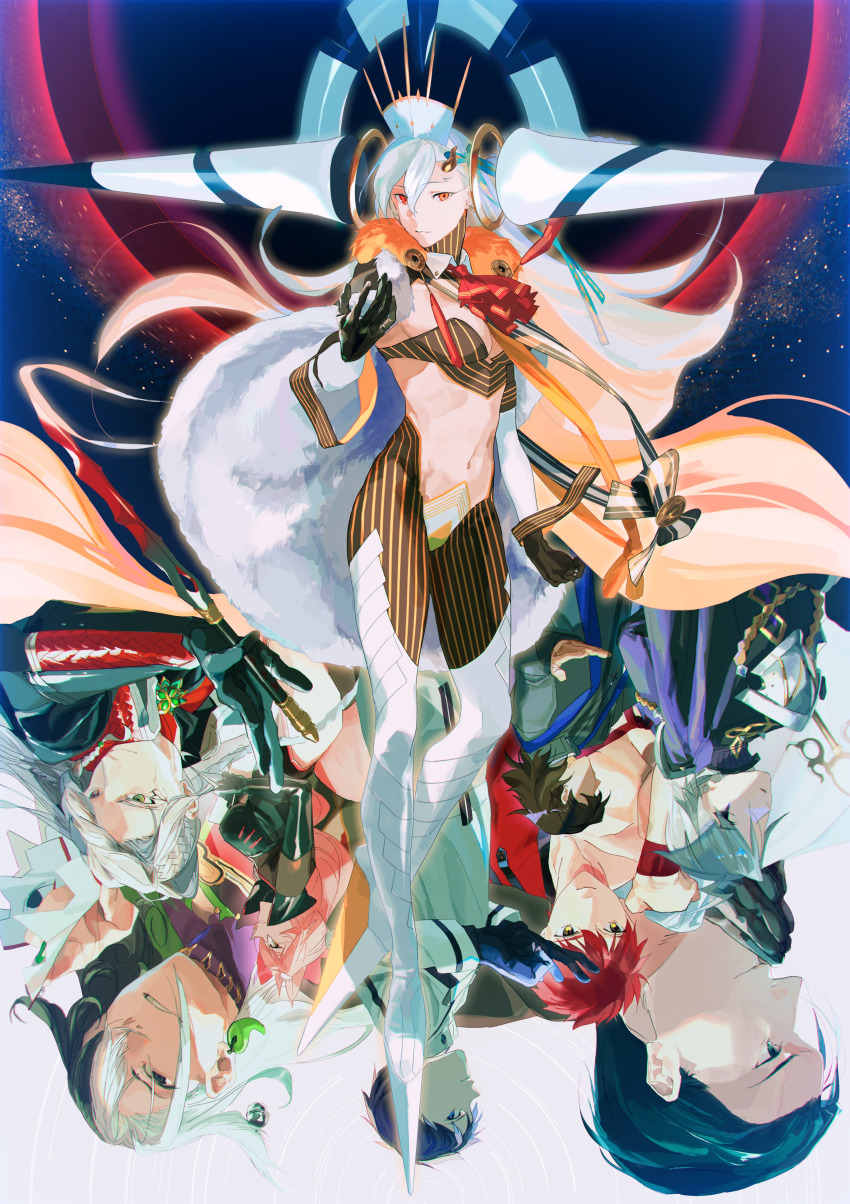 2girls, 6+boys, abs, absurdres, ahoge, alessandro_di_cagliostro_(fate), animal_ear_fluff, animal_ears, argyle_clothes, ascot, ashiya_douman_(fate), asymmetrical_hair, bell, black_bodysuit, black_eyes, black_gloves, black_hair, blue_eyes, bodysuit, bow, braid, breasts, brown_hair, cape, cassock, chaldea_uniform, clerical_collar, cloak, clothing_cutout, collared_shirt, curly_hair, earrings, emiya_shirou, eyewear_strap, facial_mark, fate/grand_order, fate_(series), formal_clothes, fox_ears, fox_girl, fox_tail, fujimaru_ritsuka_(male), fujimaru_ritsuka_(male)_(decisive_battle_chaldea_uniform), fur-trimmed_cape, fur-trimmed_cloak, fur_trim, glasses, gloves, green_eyes, green_kimono, grey-framed_eyewear, grey_cape, grey_hair, grigori_rasputin_(fate), hair_bell, hair_between_eyes, hair_intakes, hair_ornament, hair_slicked_back, highres, hip_vent, holding, holding_unworn_cape, holding_unworn_clothes, hood, hooded_cape, horns, hrkt_(fructo), huge_horns, igote, jacket, james_moriarty_(ruler)_(fate), james_moriarty_(ruler)_(second_ascension)_(fate), japanese_clothes, jewelry, kimono, kotomine_kirei, koyanskaya_(assassin)_(first_ascension)_(fate), koyanskaya_(fate), long_braid, long_hair, long_horns, long_sleeves, looking_at_viewer, magatama, magatama_earrings, multicolored_hair, multiple_boys, multiple_girls, navel, olga_marie_animusphere, onmyouji, orange_eyes, pink_bow, pink_hair, priest, red_ascot, red_hair, ribbed_sleeves, senji_muramasa_(fate), sherlock_holmes_(fate), sherlock_holmes_(third_ascension)_(fate), shikigami, shirt, short_hair, side_braid, single_bare_shoulder, single_horn, smile, split-color_hair, stole, striped_bodysuit, suit, sword, tail, toned, toned_male, topless_male, two-tone_hair, u-olga_marie, unworn_cape, weapon, white_cape, white_hair, white_jacket, wristband, yellow_eyes, yellow_horns