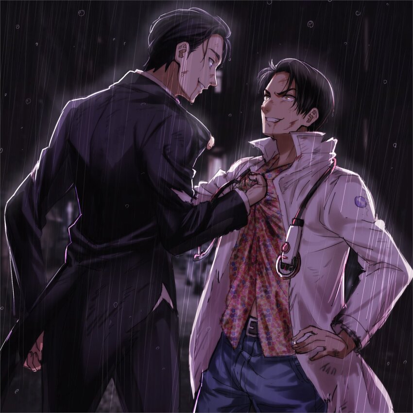 2boys, black_hair, black_jacket, blood, blood_on_face, bruise, clothes_grab, coattails
