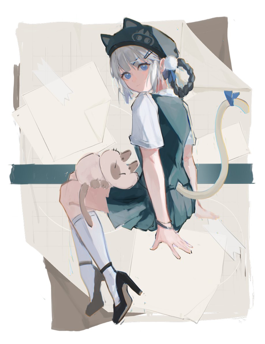 18_kawaki, 1girl, animal_ears, bambinata:_vitrum_(catwalk)_(pgr), bambinata_(pgr), beret, black_footwear, black_hair