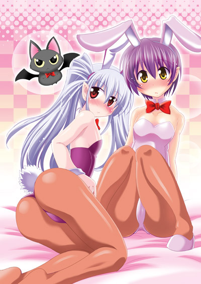 2girls, animal_ears, ass, bat_(animal), blue_hair, blush, breasts, fake_animal_ears