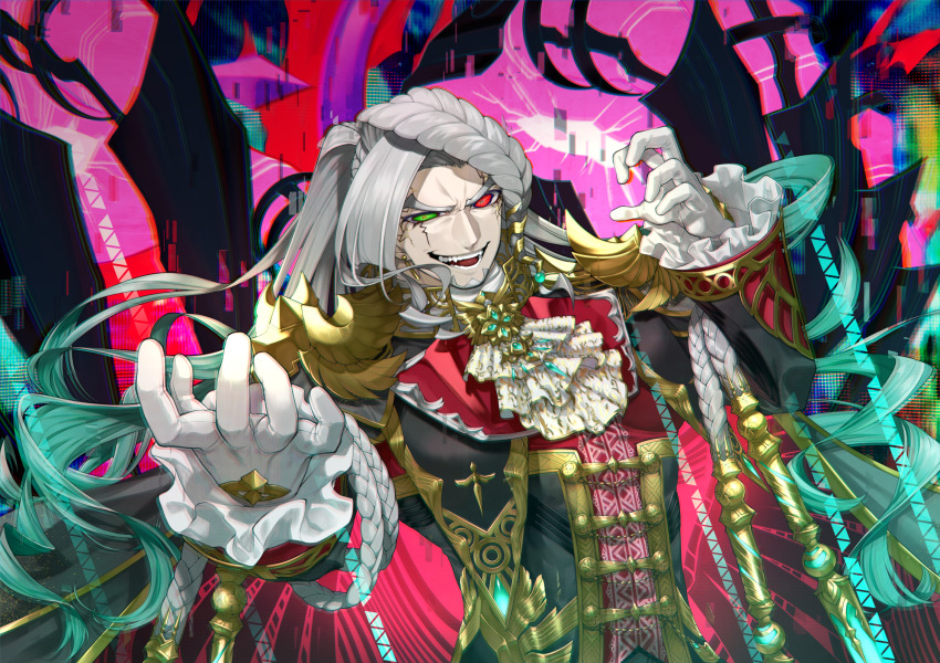 1boy, alessandro_di_cagliostro_(fate), alessandro_di_cagliostro_(third_ascension)_(fate), beard, braid, buttons, cracked_skin, double-breasted