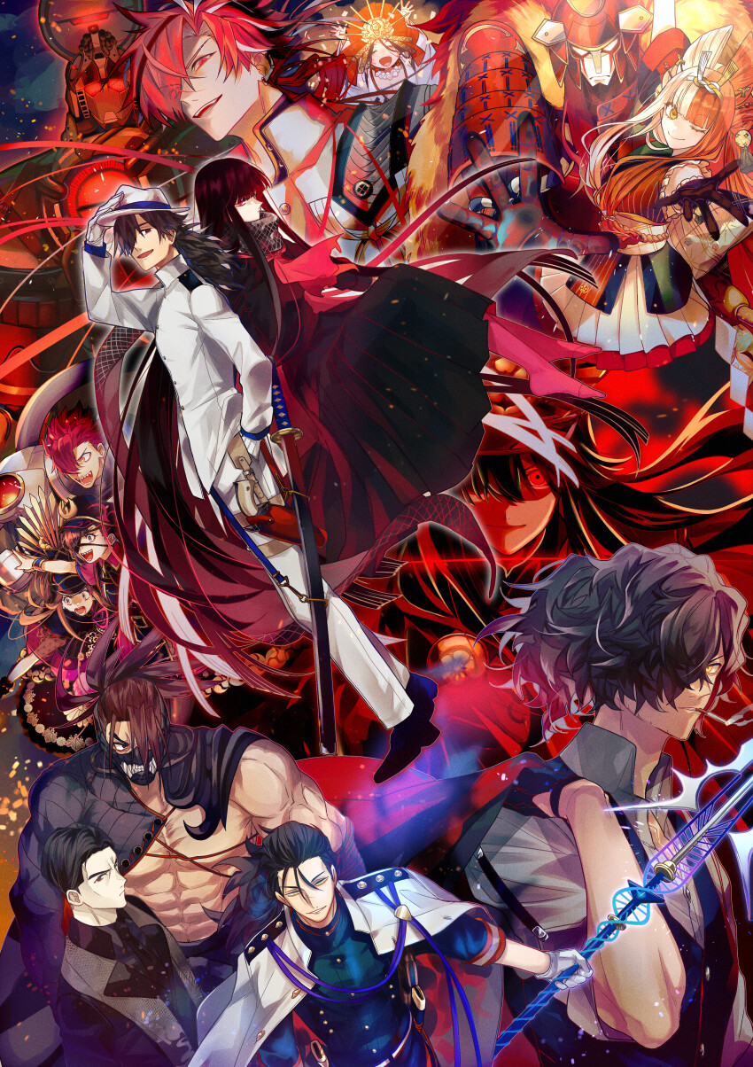 6+boys, 6+girls, abs, absurdres, armor, asymmetrical_sleeves, bare_pectorals, bead_necklace