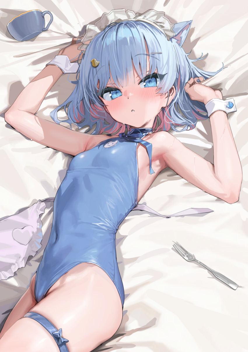 1girl, animal_ears, apron, armpits, arms_up, bare_shoulders, bed_sheet, blue_eyes