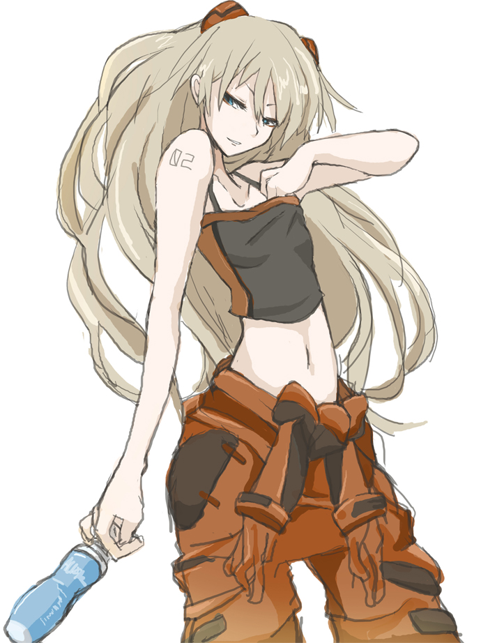 1girl, alternate_hair_color, bare_shoulders, blonde_hair, blue_eyes, bottle, breasts, cleavage, crop_top, female_focus, flat_chest, hair_ornament, jumpsuit, long_hair, mecha_pilot_suit, midriff, navel, neon_genesis_evangelion, non-web_source, plugsuit_(evangelion), reaching_into_cleavage, shirt, silver_hair, sketch, smile, solo, souryuu_asuka_langley, tank_top, tattoo, tied_shirt, undressing