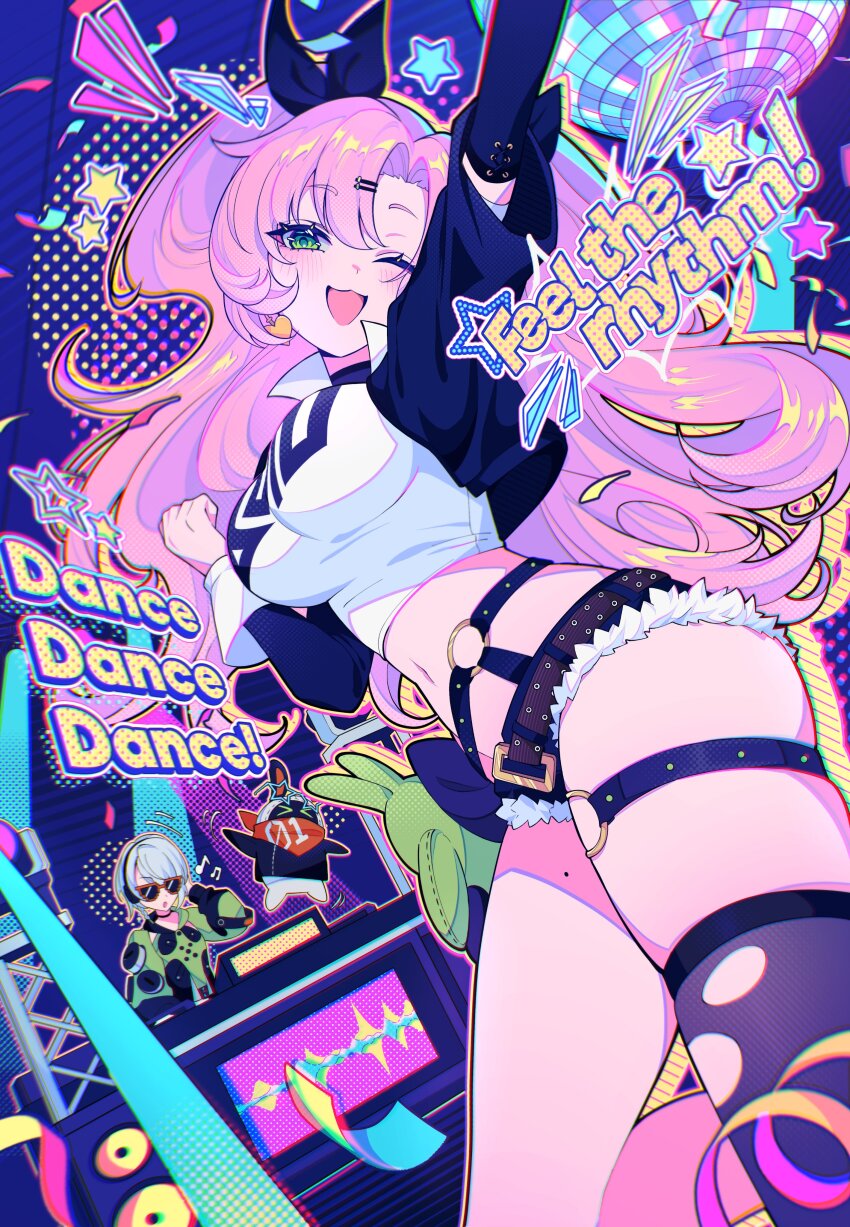 2girls, absurdres, anby_demara, arm_up, asymmetrical_legwear, disco_ball, glasses, green_eyes, highres, maegjuw, mole, multiple_girls, navel, nicole_demara, pink_hair, single_thighhigh, thigh_strap, thighhighs, zenless_zone_zero