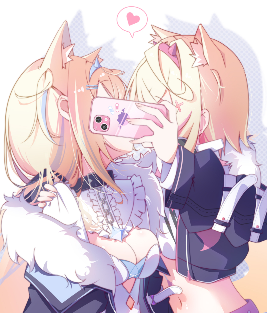 2girls, animal_ear_fluff, animal_ears, arm_around_shoulder, black_collar, black_jacket, blonde_hair, blue_hair, breasts, capuchi_(111cappuccino), cellphone, cleavage, collar, dog_ears, extra_ears, fur-trimmed_jacket, fur_trim, fuwawa_abyssgard, fuwawa_abyssgard_(1st_costume), heart, highres, holding, holding_phone, hololive, hololive_english, implied_kiss, incest, jacket, long_sleeves, medium_breasts, mococo_abyssgard, mococo_abyssgard_(1st_costume), multicolored_hair, multiple_girls, navel, phone, pink_hair, smartphone, spoken_heart, streaked_hair, upper_body, virtual_youtuber, yuri