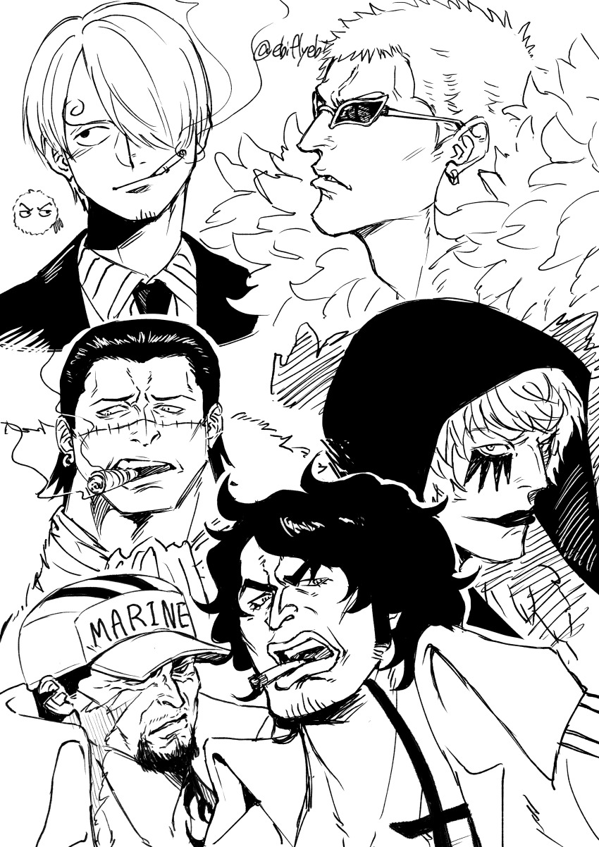 6+boys, absurdres, ascot, beard, black_hair, black_necktie, black_suit, blonde_hair, brothers, cigar, cigarette, clothes_writing, coat, crocodile_(one_piece), cropped_shoulders, curly_hair, donquixote_doflamingo, donquixote_rocinante, earrings, ebiflyebi, facial_hair, feather_coat, formal_clothes, fur_coat, hair_slicked_back, highres, jewelry, looking_at_viewer, looking_to_the_side, makeup, male_focus, monochrome, multiple_boys, necktie, one_piece, open_mouth, parted_lips, portrait, roronoa_zoro, ryokugyu_(one_piece), sakazuki_(one_piece), sanji_(one_piece), scar, scar_on_face, short_hair, siblings, smoking, suit, sunglasses, twitter_username, white_background