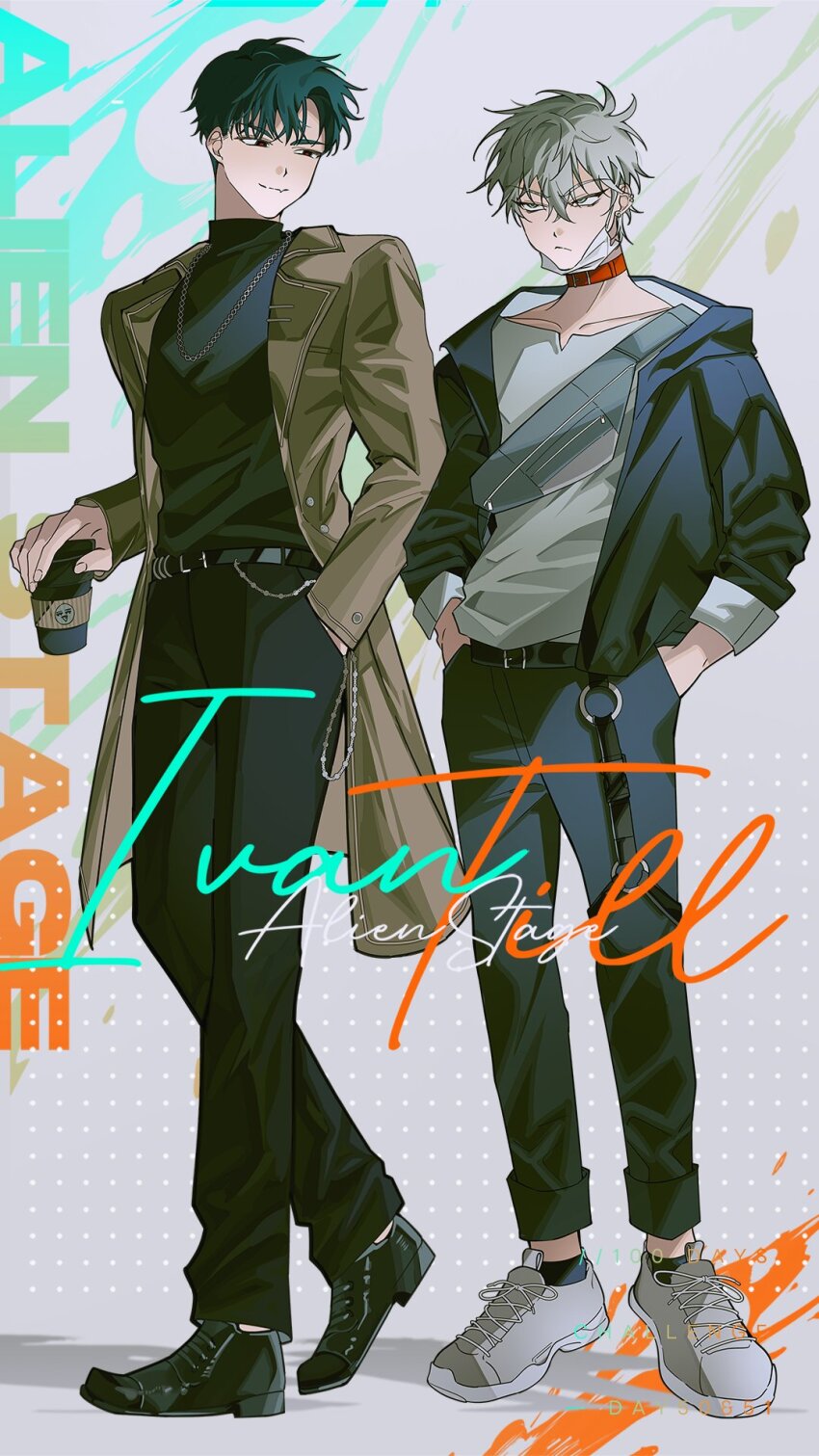 2boys, alien_stage, black_eyes, black_hair, black_pants, character_name, choker, collarbone