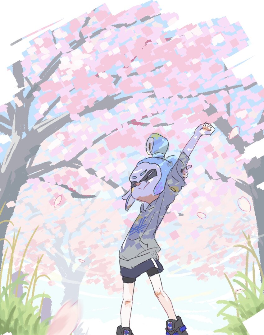 1girl, arm_up, black_footwear, black_shorts, blue_hair, blue_skirt, cherry_blossoms, closed_eyes
