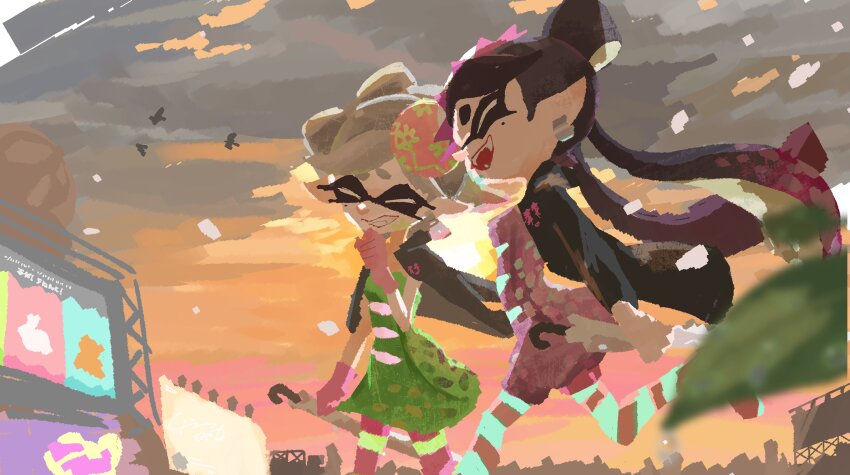 2girls, :d, ^_^, arm_at_side, black_hair, black_jacket, bow-shaped_hair, callie_(splatoon)