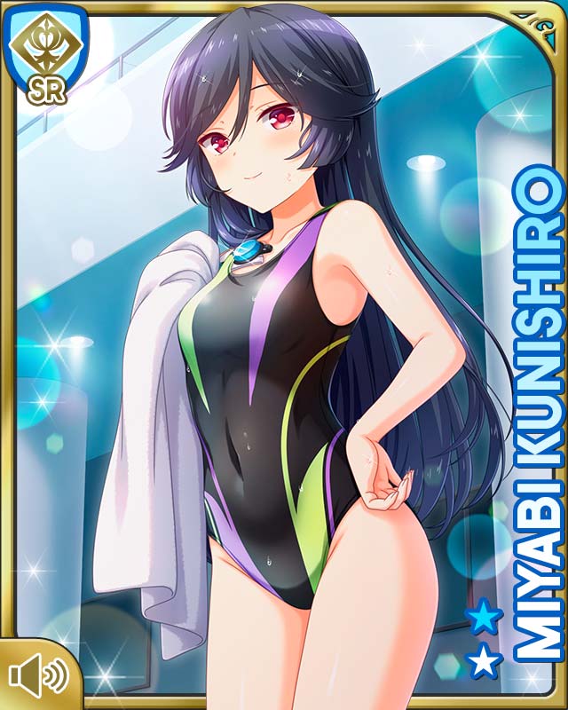 1girl, black_hair, black_one-piece_swimsuit, card, character_name, closed_mouth, competition_swimsuit, day